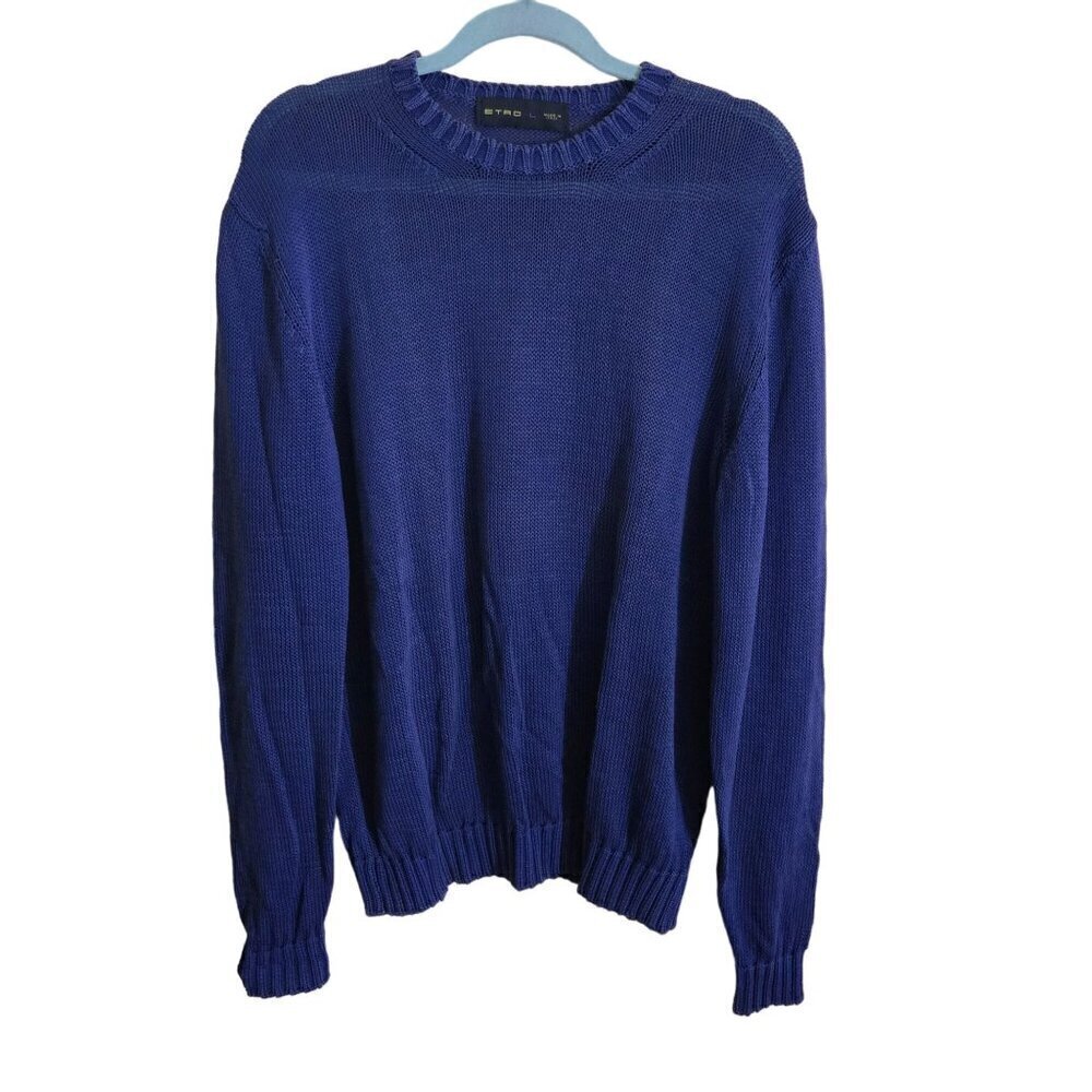 Etro Luxury Made In Italy 100% Cotton Lightweight Blue Crewneck Sweater Size L